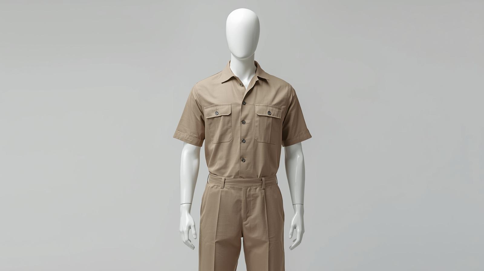 Custom khaki short-sleeve work uniform with matching trousers for corporate and industrial use